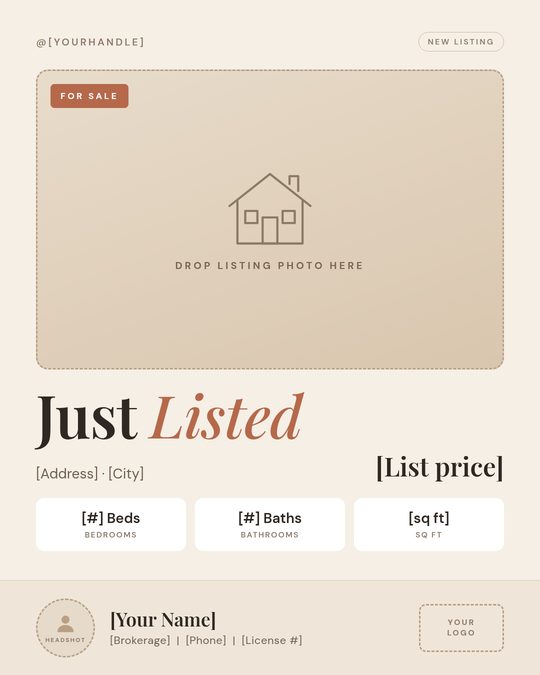 Just Listed post template with photo placeholder, price and home details